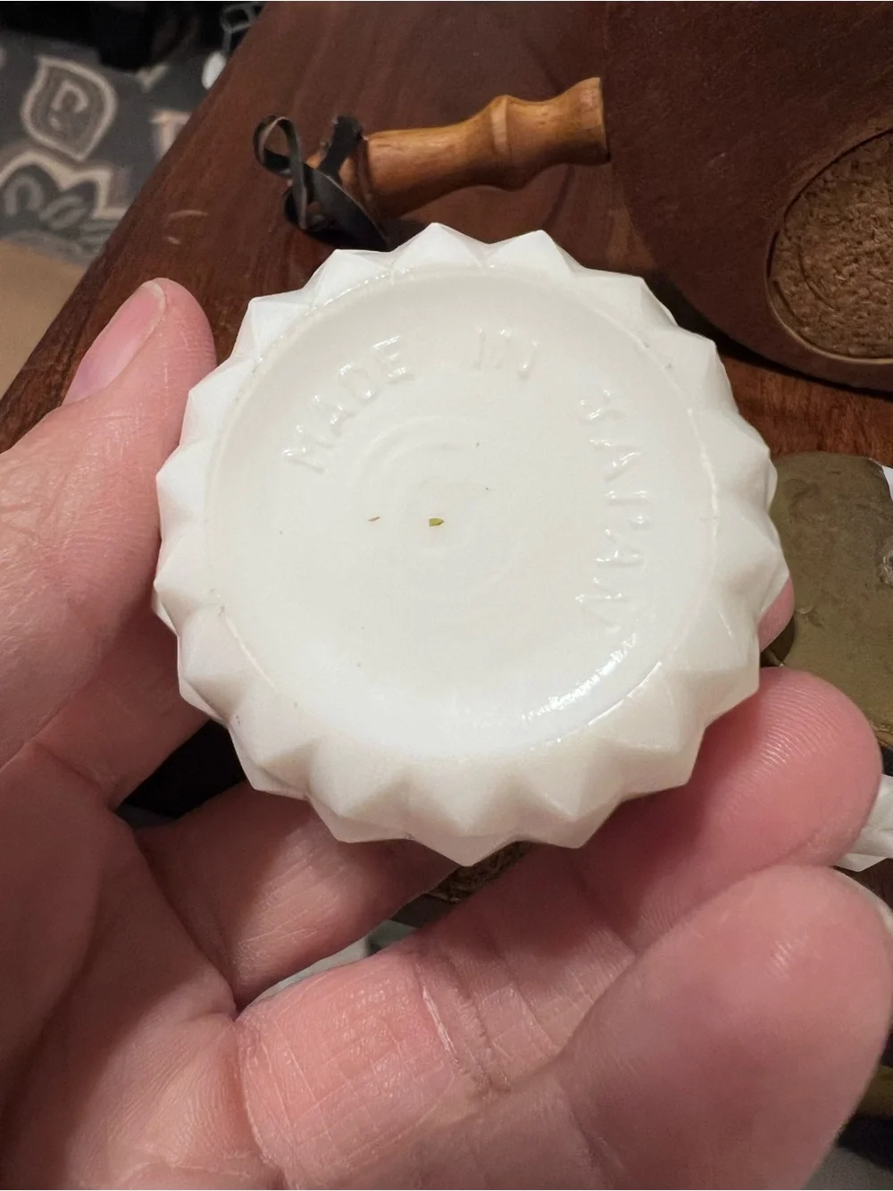 Vintage Made in Japan Milk Glass Condiment Set Wood Caddy MCM